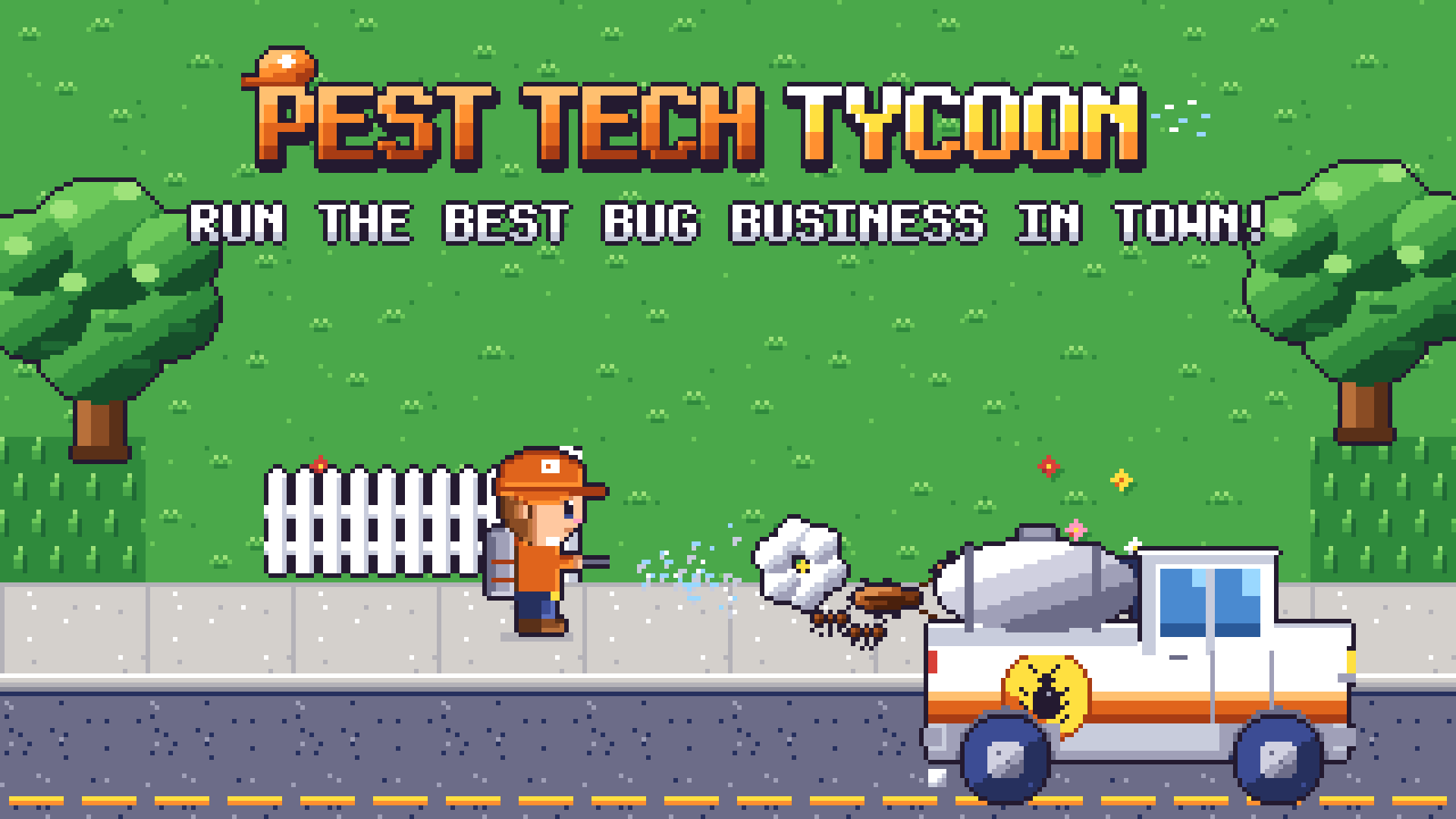Pixel art shop front for Pest Tech Tycoon, with a technician and a truck out front.